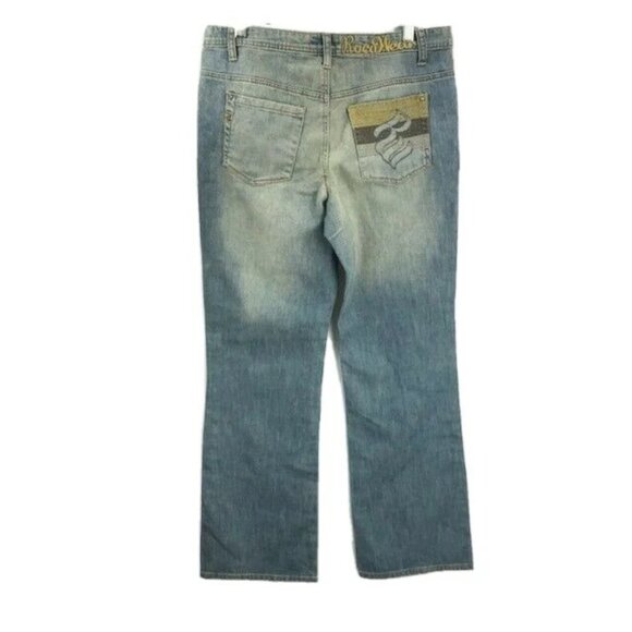 RocaWare Jeans Light Blue Embroidered Logo & Pocket Brown Yellow Size 14 NWT - Picture 3 of 5